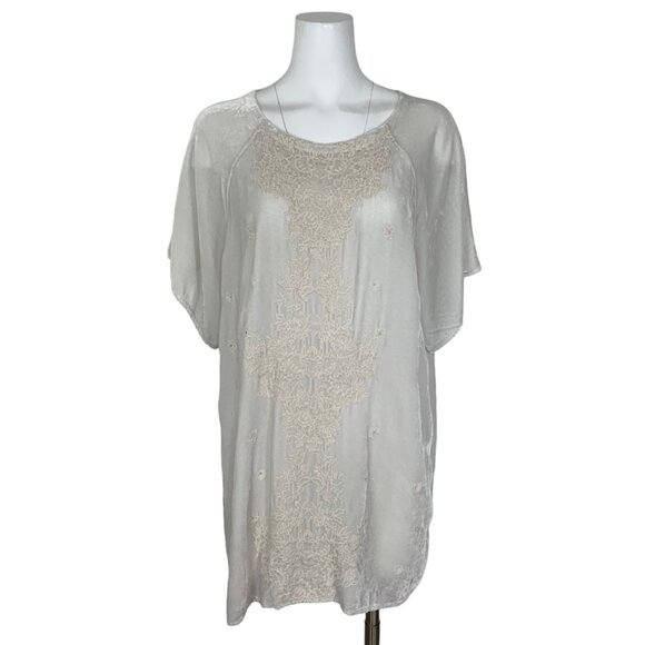 Johnny Was Velvet Tunic Dress S Cream Embroidered Short Sleeve Scoop Relax Mini - Picture 1 of 12